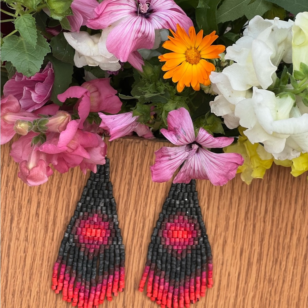 Handmade Black Red Beaded Earrings Boho Drop Fringe